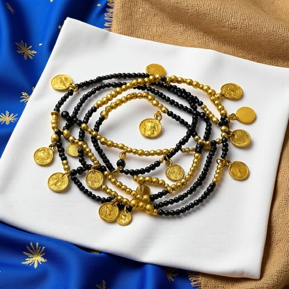 🆕 Handmade Indian Artisan Gold & Black Coin Charm 8-Piece Beaded Bracelet Set - Picture 11 of 11